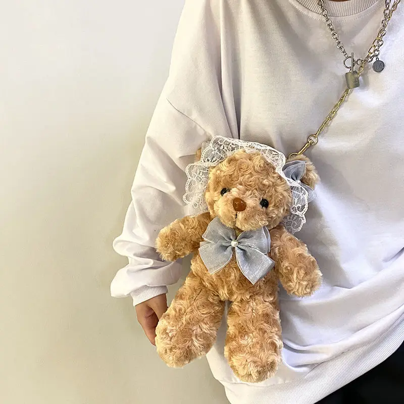 Sacs à bandoulière moelleux pour enfants et femmes, sac à bandoulière ours mignon, Adorable ours en peluche pour filles, nœud perle Lolita Kawaii, sac à main en dentelle douce