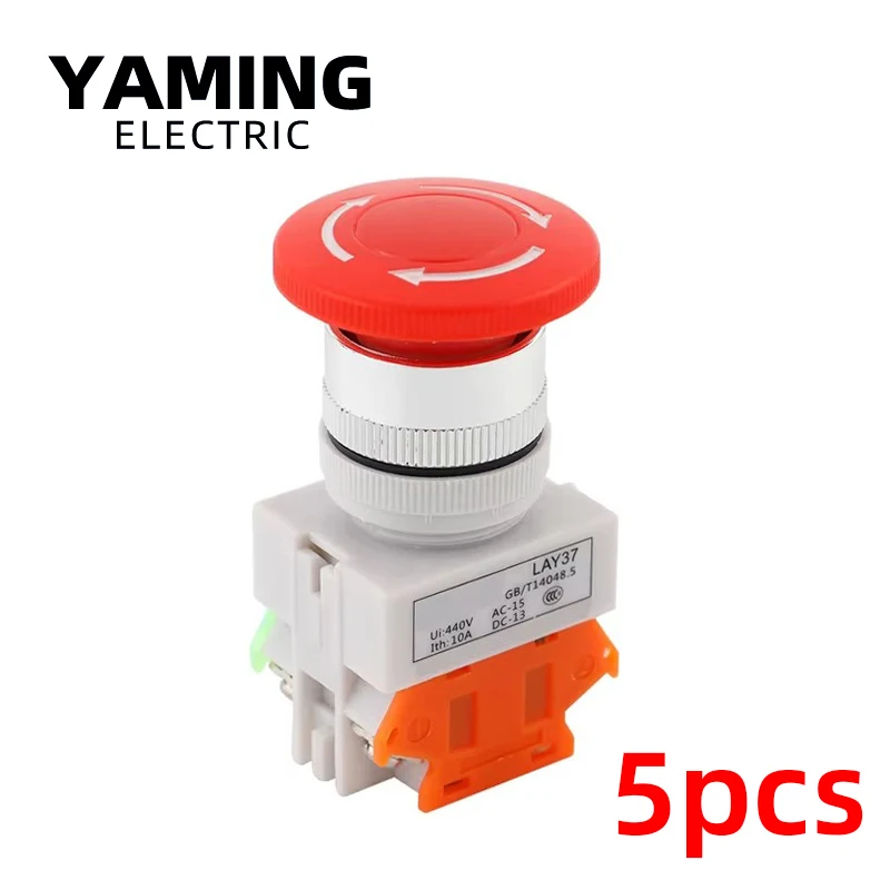 

5pcs Mushroom Head LAY37 Emergency Stop Push Button Switch Self-lock/Latchiing LAY7 PBC Y090-11ZS Power NO/NC 4 Screw Terminals
