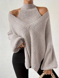 Autumn Women Knit Sweater Open Shoulders Pullover Woman With Vest Set Clothing Turtleneck Sweater Knitwear Tops