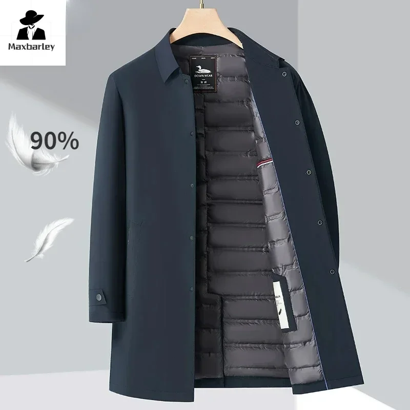 Pato com gola alta grossa para baixo parka masculino, jaqueta longa, trench coat casual, casaco de negócios quente, branco, marca de luxo, inverno