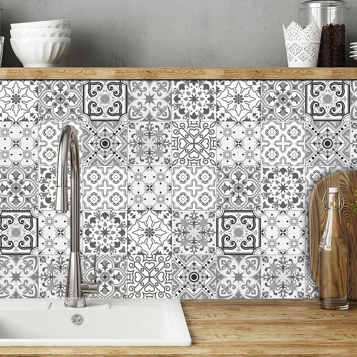 30pcs Self-Adhesive Waterproof Wall Stickers Black And White Patterns Home Decoration Wallpaper Tile Stickers Kitchen Bathroom