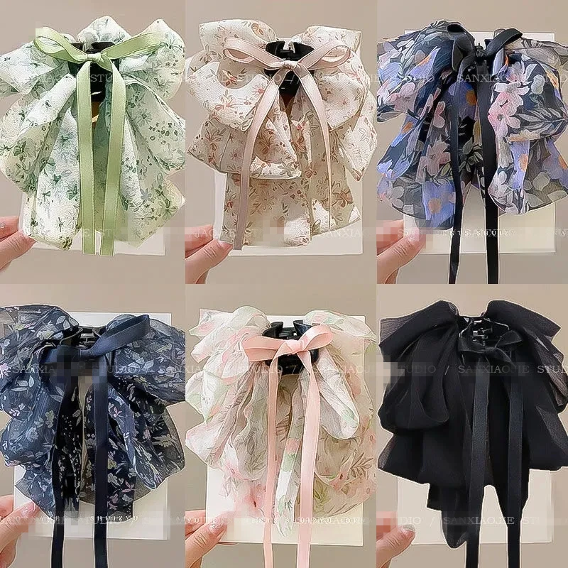 New Elegant Women Large Bow Hair Claw Chiffon Big Bowknot Stain Bow Barrettes Hairpin Women Color Ponytail Clip Hair Accessories