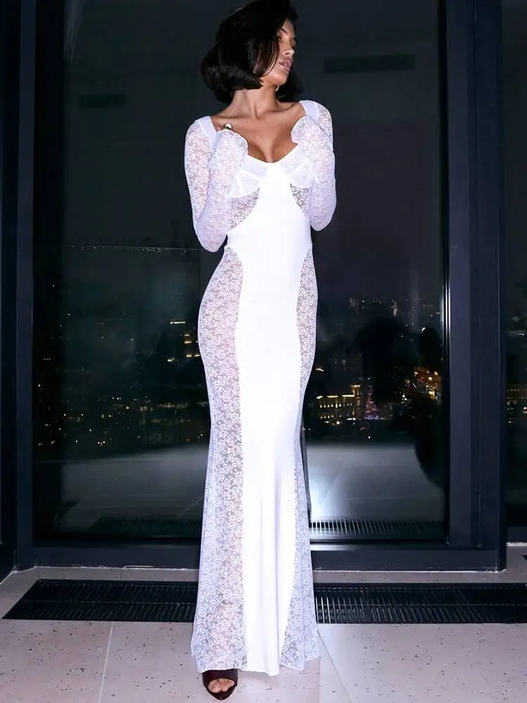 Blifanbo Kant Zien Door Sexy Maxi Jurk Vrouwen Jurk Elegante V-hals Lange Mouw Bodycon Patchwork Club Party Lange Jurk Mode