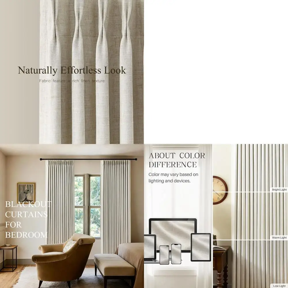 

100% Blackout Linen Pleated Curtains, 84 Natural Thermal Insulated Drapes, 2 Panels, 40Wx84L