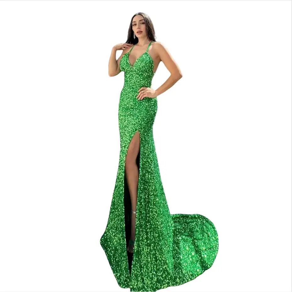 

Customized Sequin Evening Dresses Spaghetti Straps Backless Pageant Gowns Side Slit Sexy Vestido De Novia