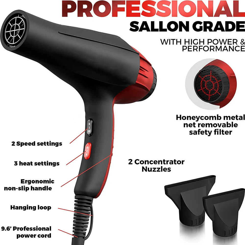 Pengering rambut Salon ionik profesional, 2200W Motor AC kuat pengering tiup Ion pengering rambut tenang dengan 2 nosel konsentrator hitam/merah