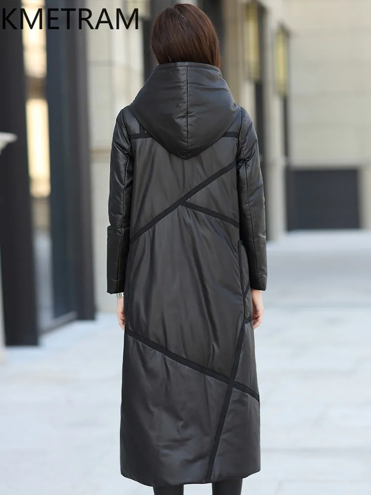 معطف جلد طبيعي من جلد الغنم الطبيعي من KMETRAM سترة بيضاء بطة أسفل بقلنسوة سوداء منتفخة ملابس نسائية شتوية طويلة 20257]