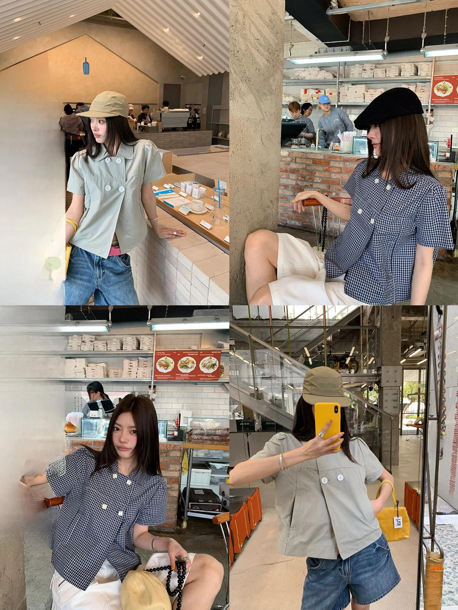 

Retro Style Short Sleeve Shirt Collar Design Slimming Effect Two Tone Versatile Doll Collar Dental Bracelet Large Wang