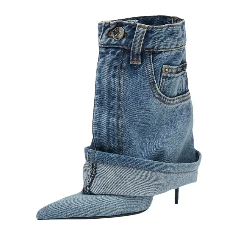 

European And American Women's Pointed Fashion Washed Western Jeans Tube High-heeled Boots Plus Size Fashion Show Boots