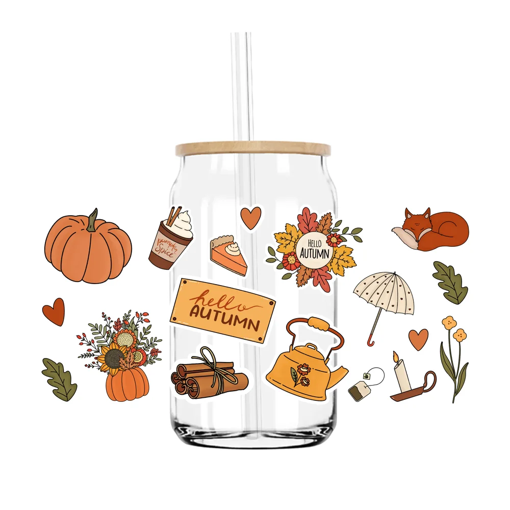 

16OZ UV DTF Cup Wrap Transfers Stickers Autumn Season Pumpkin Designs For DIY Libby Glass Waterproof Custom Decals