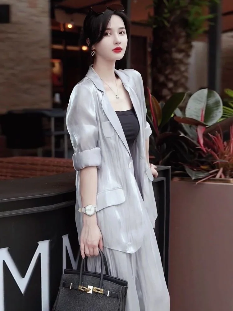 New White Blazer Suits Women Long Sleeve V Neck Autumn, Capable, Elegant And Fashionable High-end Wide Leg Pants Two Piece Set