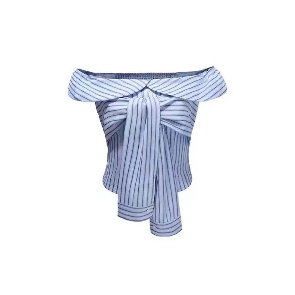 

Short Women Blue Stripes Blouse Korean Style V-neck Long Sleeve Shirts Streetwear Blue Stripes Slim Buttons Shirts Girls Gift