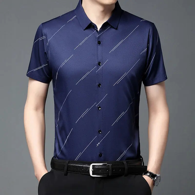 Business Office Casual Short Sleeve Printed Shirt for Men 2023 Summer Male Clothes All-match Single-breasted Polo-Neck Shirt