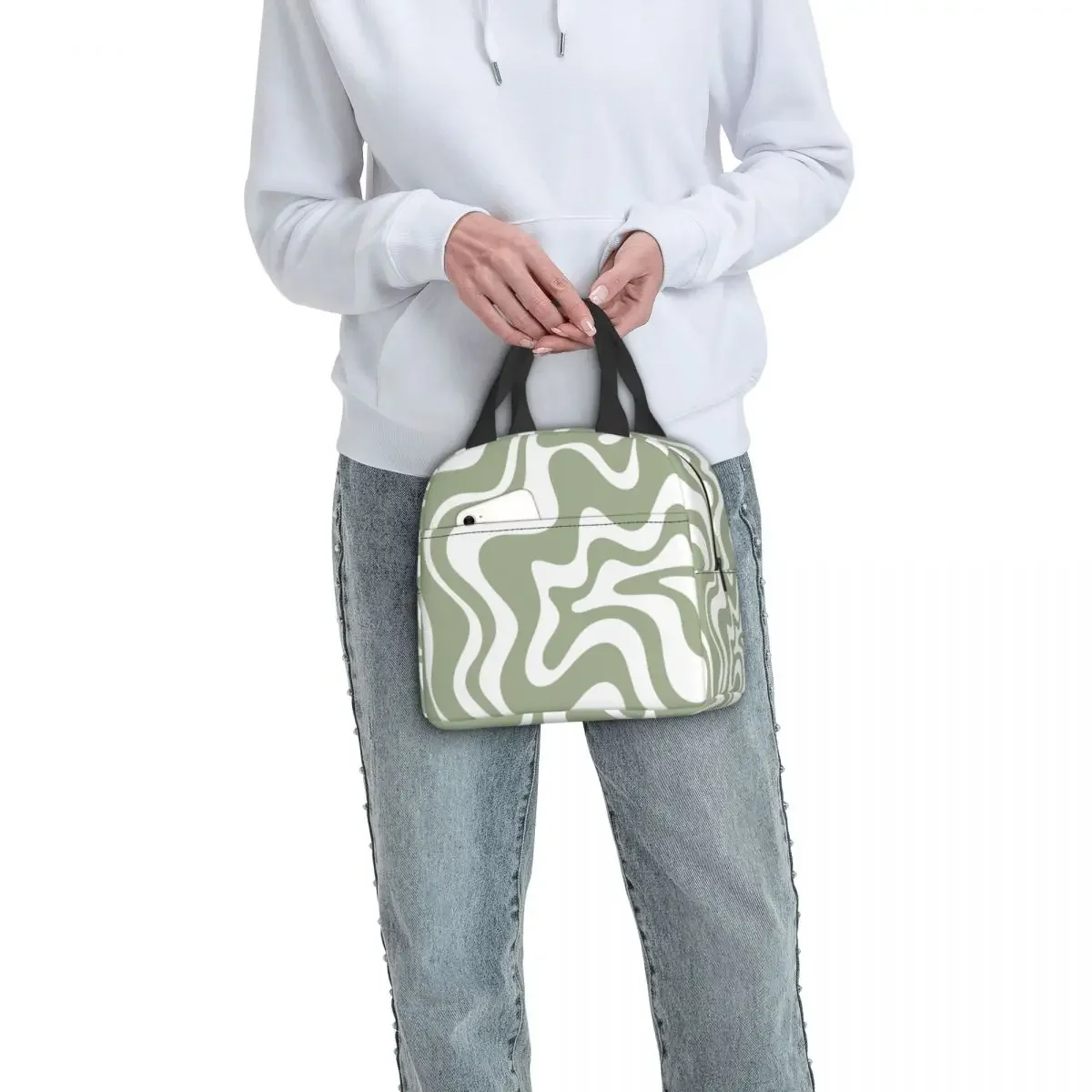 Liquid Swirl Abstract Pattern In Sage Green Insulated Lunch Bag Geometric Art Cooler Thermal Bento Box per le donne borse per alimenti per bambini