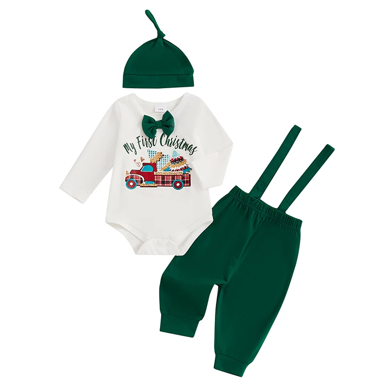 Baby Boy Christmas Outfit Truck Print Long Sleeve Rompers and Elastic Overalls Pants Hat Set Spring 3 Piece Clothes