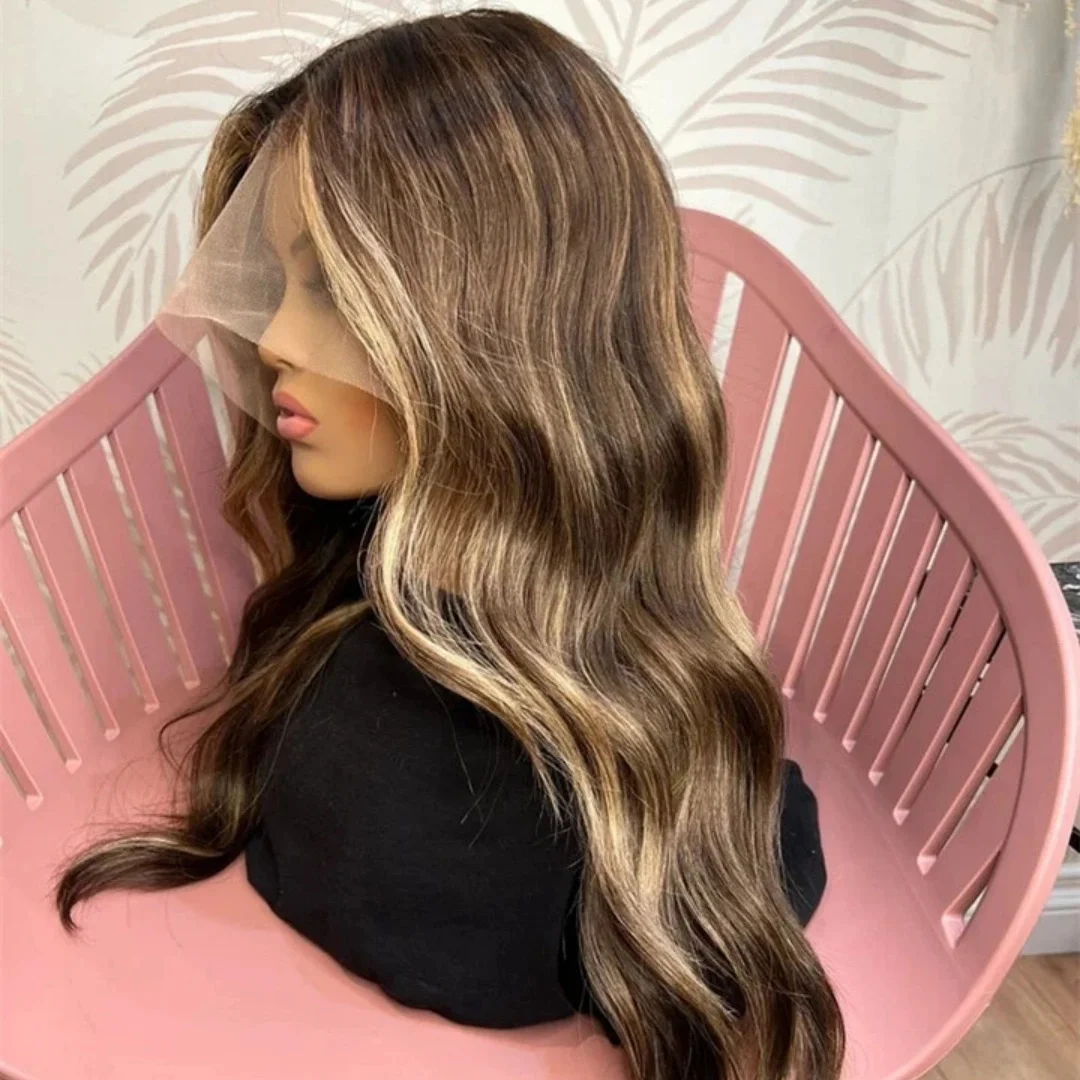 

Synthetic Hair Lace Front Wig Chocolate Brown Highlights Women's Wig Elastic Body Wave Hight Density Daily Party Cosplay Wigs