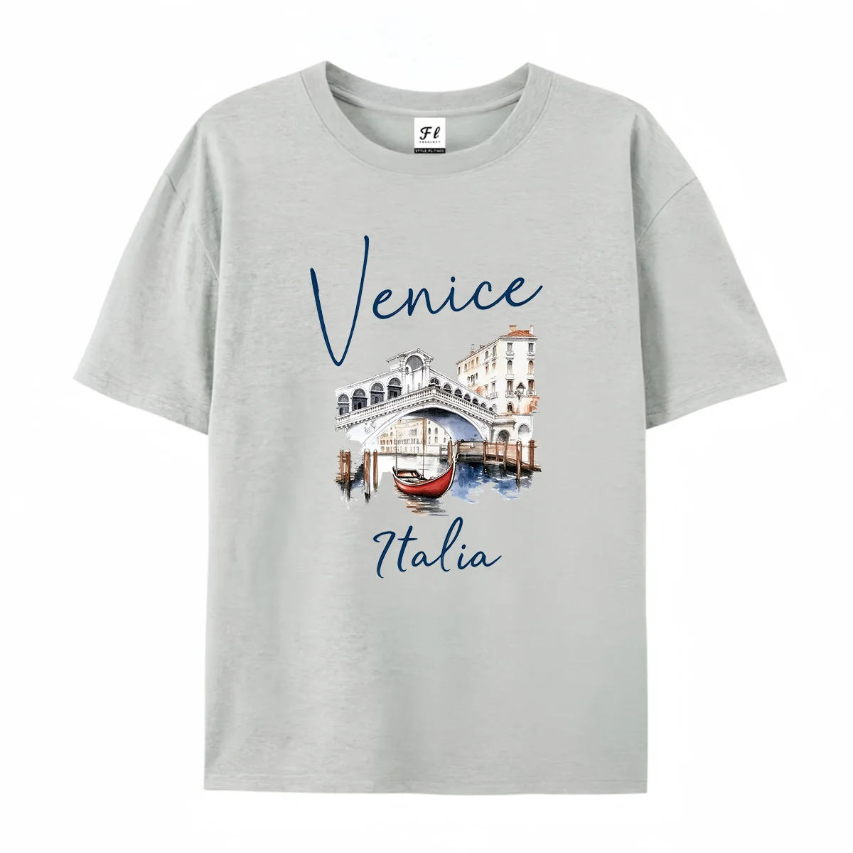 Women Casual Short Sleeve T Shirt Venice Italia Watercolor Cityscape Graphic Tee Travel Scenery Hand Drawn Print Soft Cotton