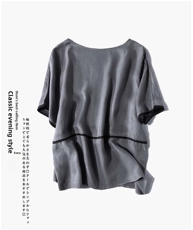

New Women's Loose Heavy Copper Ammonia Silk Blouse T-irt round Ne ort Sve Color Faionable Ladies' Top