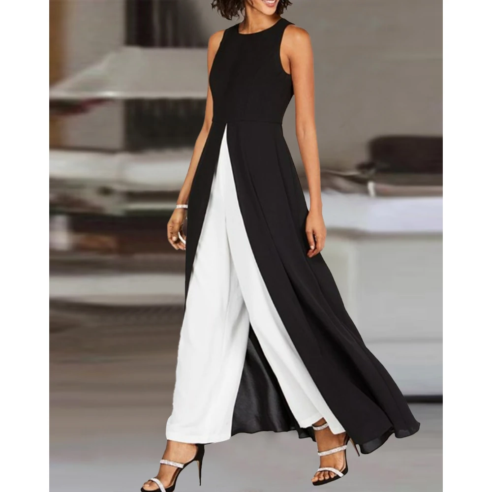 

Elegant Women Colorblock Sleeveless Wide Leg Jumpsuits 2023 Lady Summer Ruched Cape Design One-Piece Jumpsuit Overalls Partywear