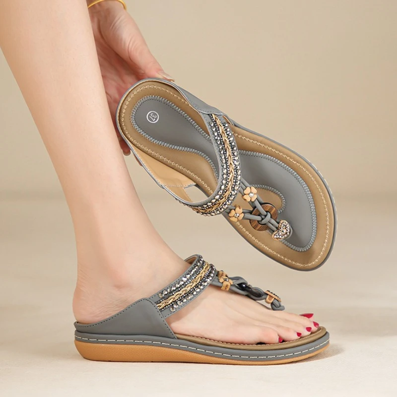 موضة حجر الراين الوجه يتخبط امرأة الصيف الأحذية عادية خفيفة الراحة لينة وحيد صنادل شاطئ بوهيميا نمط نعال مسطحة