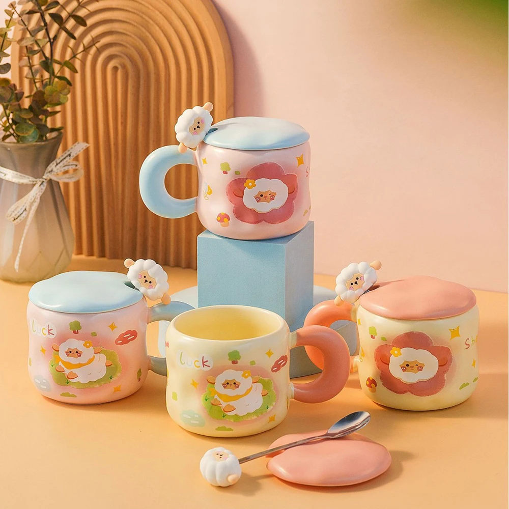 

Креативная мультяшная керамическая чашка с крышкой, ложкой, домашним офисом, чашки для воды для пары, изысканный подарок, стильная кофейная кружка Kawaii Milk
