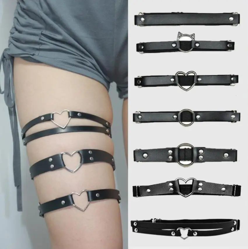 Mais novo feminino sexy elasticidade arnês coração moda bondage goth decoração liga cinto coxa arnês de couro lingerie para meias