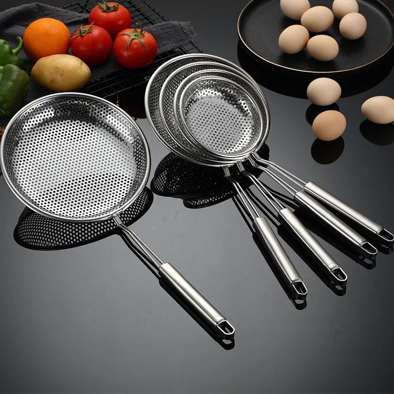 5 Sizes Stainless Steel Flat-bottomed Colander Long Handle Mesh Strainer Heat-resistant Hot Pot Frying Scoop Skimmer Spoon