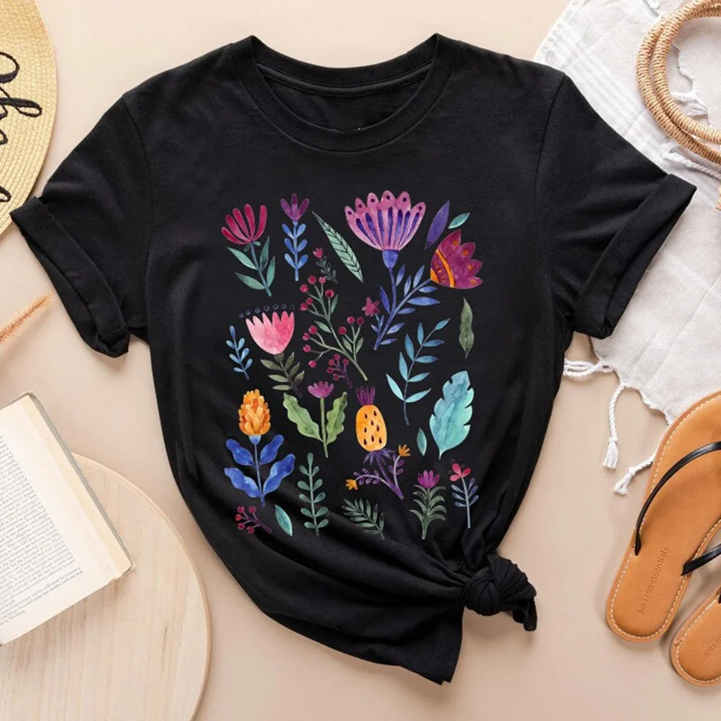Boho Botanical Floral Print Oversize T-Shirt Colorful Wildflower Graphic Tee Casual Loose Fit Short Sleeve Tops for Women