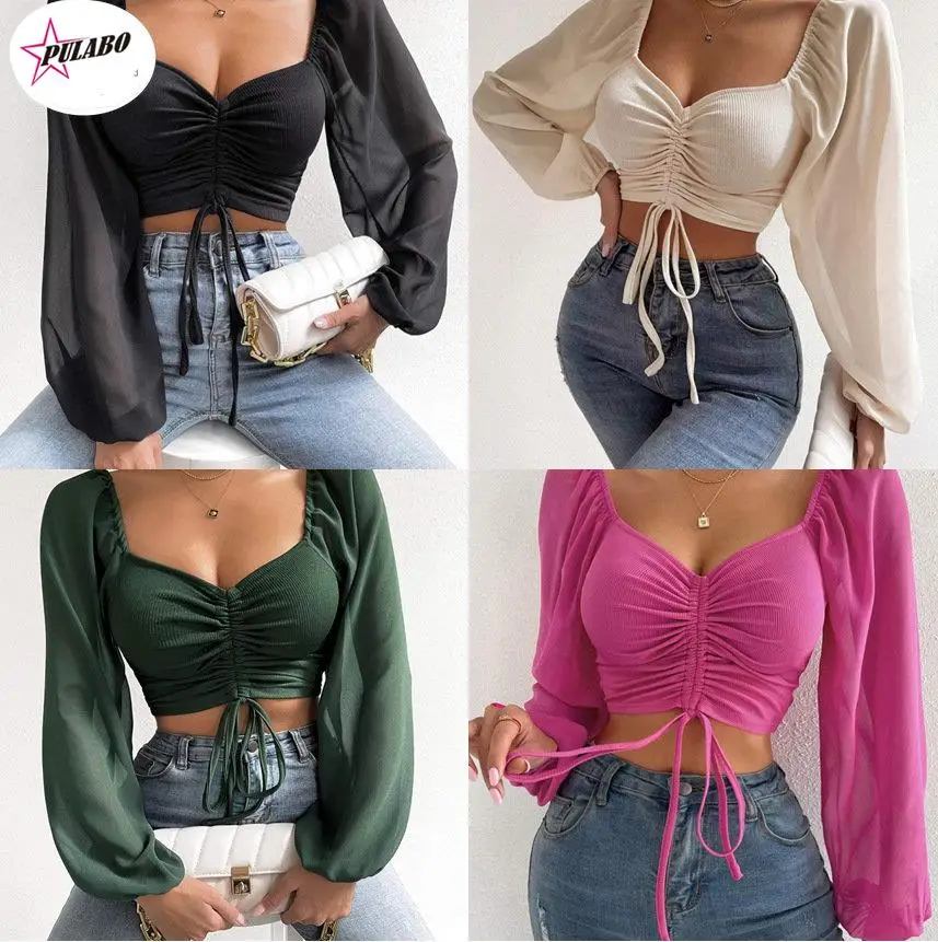 Chiffon Drawstring Crop Top Women Spring Summer Lantern Sleeve V-Neck Fashion Blouses Hight Street Skinny Sexy Shirt Y2K Clothes