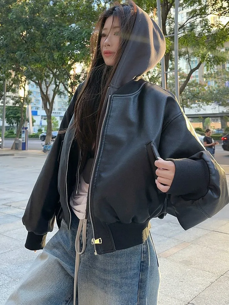 American Sle Retro Bla Jaet Women's Spring Autumn New Hong Kong Sle Small Size oulder Drop Model PU Leather Coat