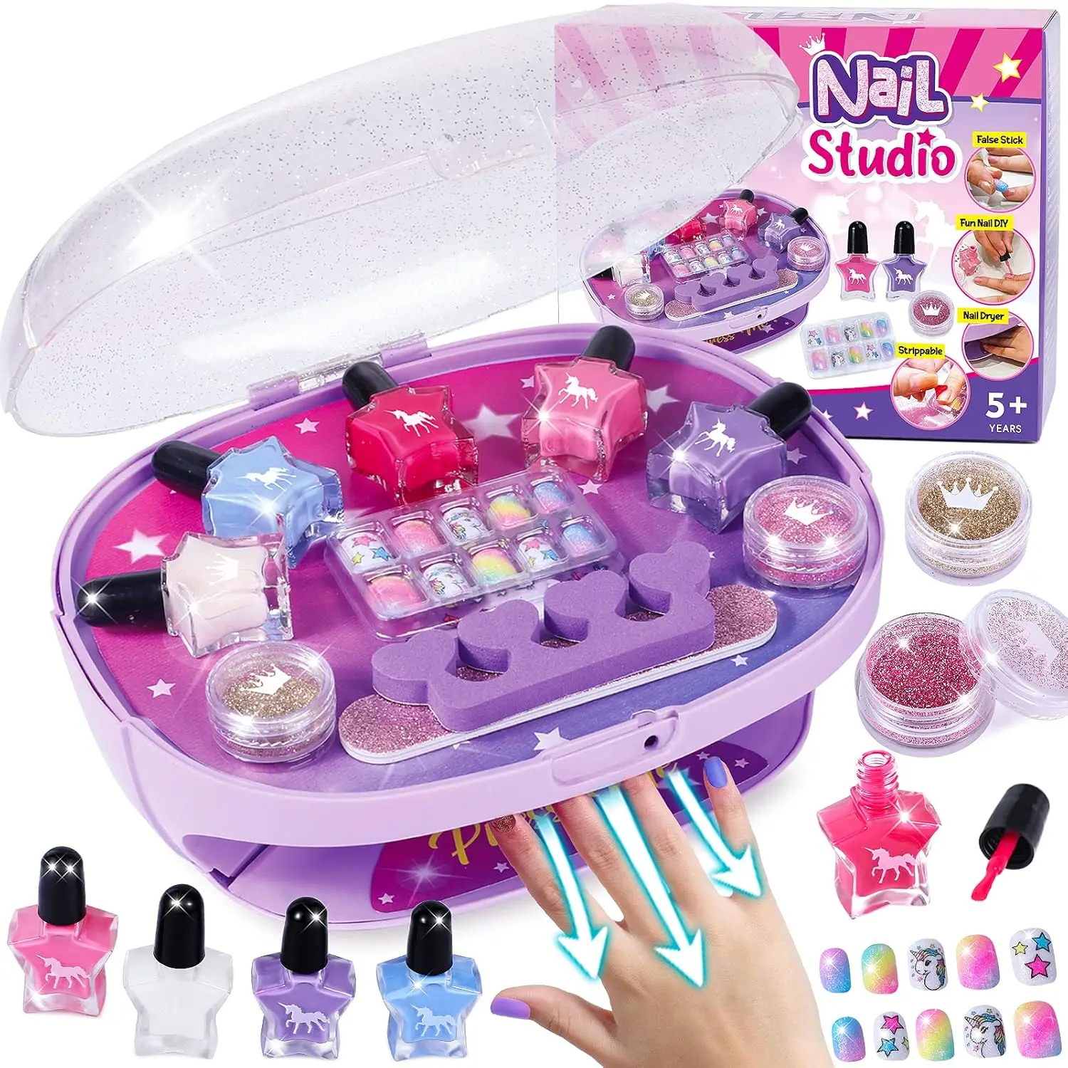 

Complete Nail Art Kit for Girls Ages 3-12: Dryer, Glitter, False Nails, Stickers & Tools - Perfect Gift Toy