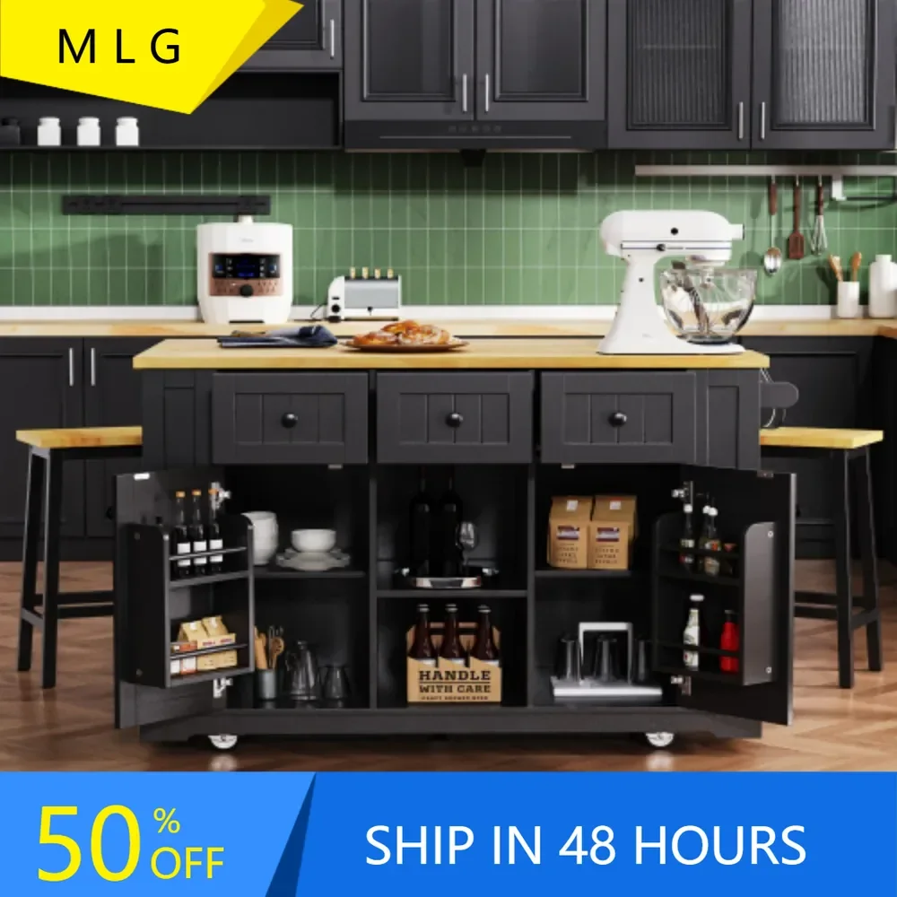 

Kitchen Storage Island on Wheels，Power Outlet,Rolling Kitchen Island Cart with Open Side Racks,Door Shelves and Towel Bar，White