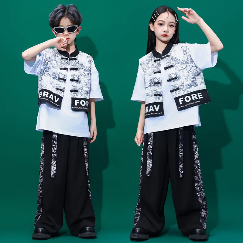 

Kids Ballroom Dance Clothes Hip Hop Costume 4 Girls Boys Hanfu Chinese Style Jazz Dancing T Shirt Pants Dance Party Stage Outfit