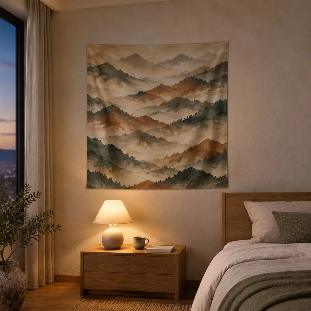 VIKAMA Muted Mountain Mist Allover Pattern Tapestry Wall Hanging, Wabi Sabi Wall Decor Tapestries for Bedroom Living Room Study