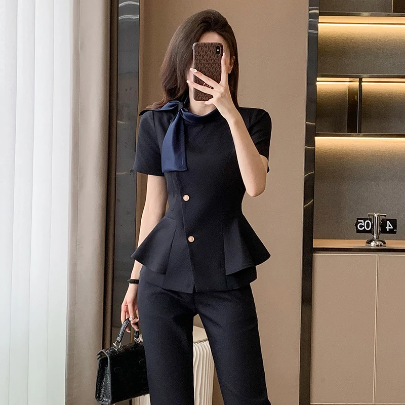 NAVIU Summer Short Sleeve Formal Professional Business Suits 2 Piece Set With Pants And Tops For Women Office Work Wear Blazers