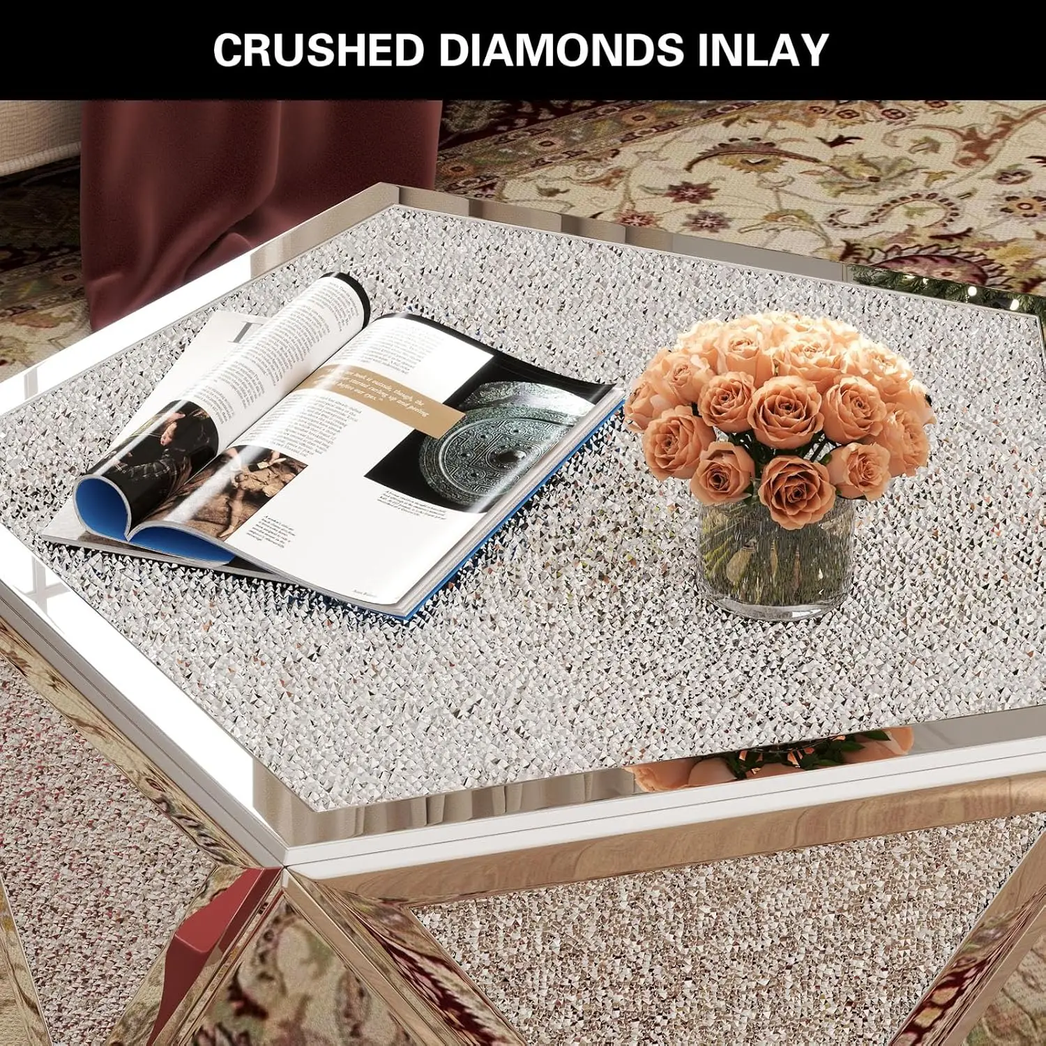 Silver Coffee Tables For Living Room With Crushed Diamond Inlay, Mirrored Pentagonal Coffee Table With Luxury, Customized