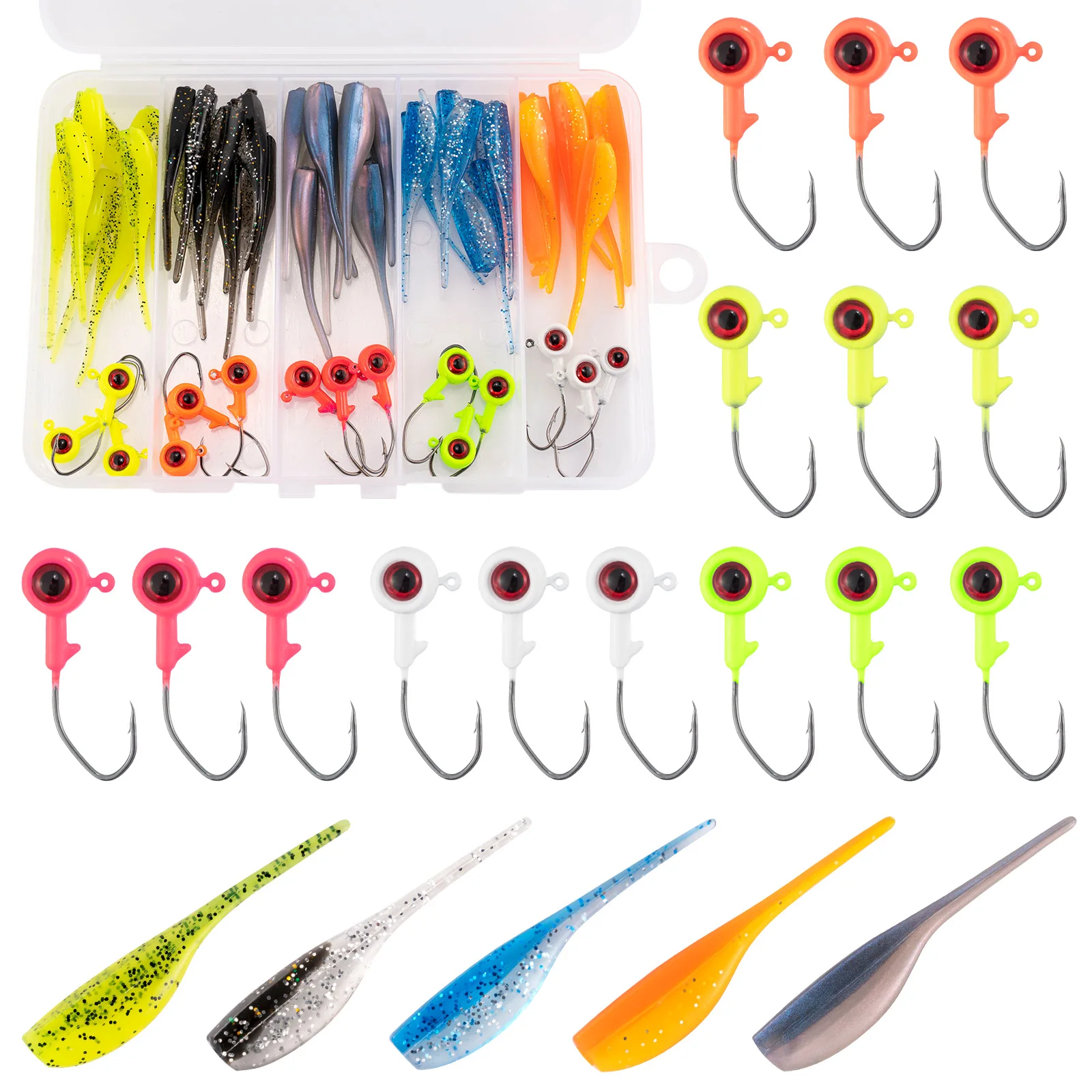 soft plastic jig cabeca gancho crappie lures kit trout bait grub worm bass bluegill panfish pesca jig com tackle box 55 pcs 01