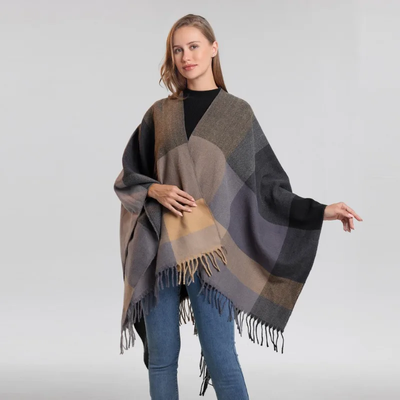 Gradient Colors Shawl Capes Printed Plaid Cardigan Loose Poncho Blanket Women Faux Cashmere Cloak Big Pendulum Out Streetwear