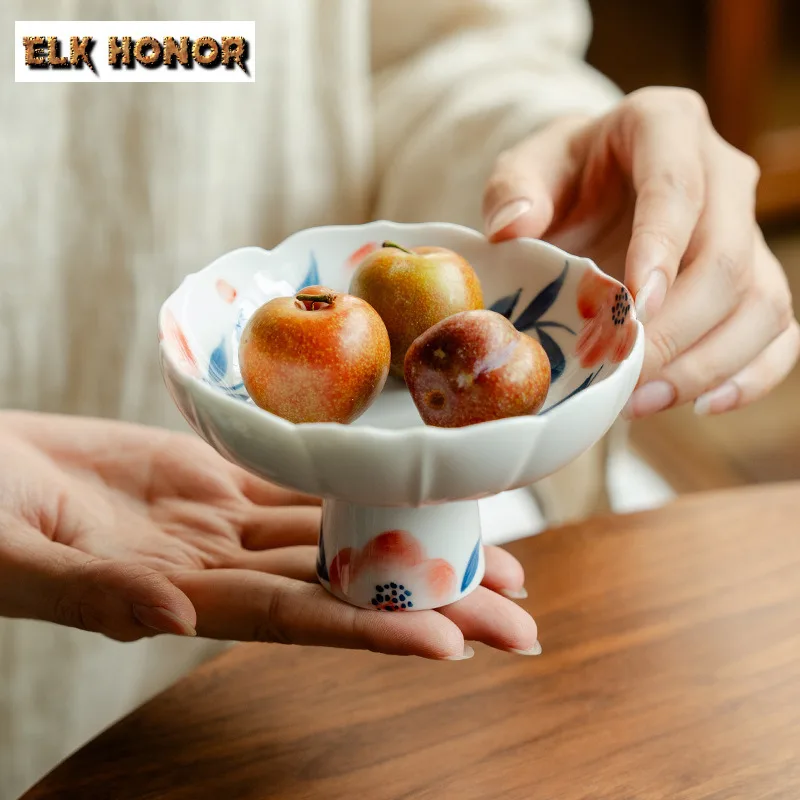 Hand-painted Peach Blossom High Foot Fruit Dishes Zen Pastry Plate Refreshment Fruit Plate Household Sharing Plate Teaware Gift