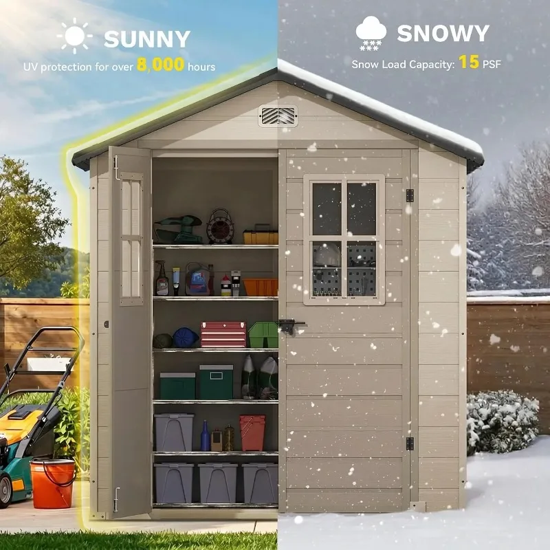 ^6x4.4 FT Outdoor Storage Shed, Plastic Garden Tool Shed with 2 Windows, Double-Wall Outside Shed for Lawn Mower, Garden Shed