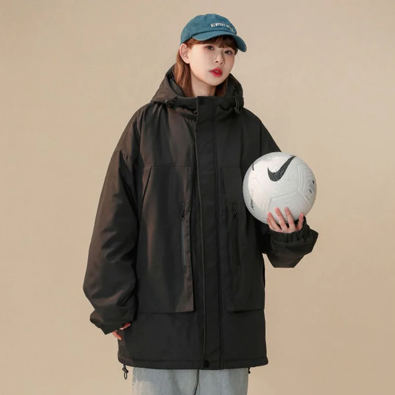 Dames dikke parka's met capuchon, winddichte winterjassen met zakken, Koreaanse mode, oversized pluche verdikte katoenen kleding