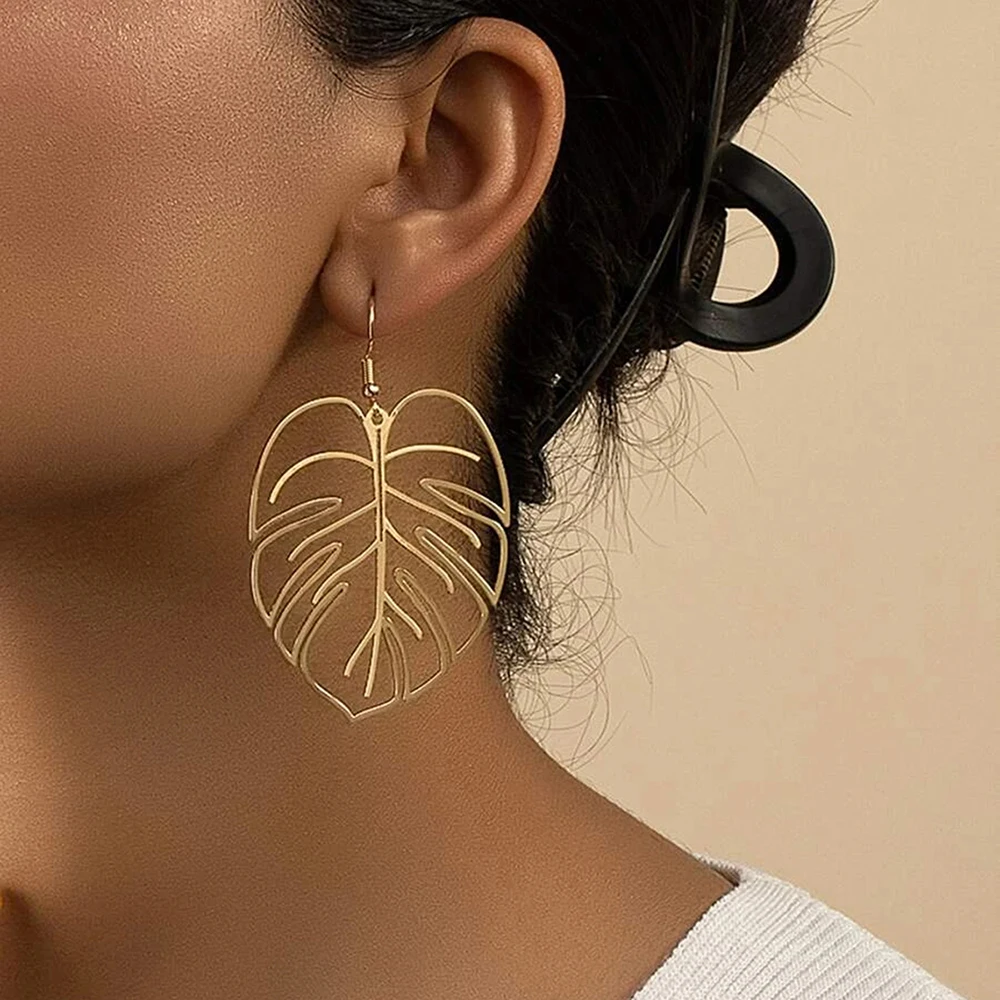 

1Pair Leaf Shaped Geometric Hollow Earrings Stainless Steel Bohemian Earrings for Women Fashion Jewelry Party Decor