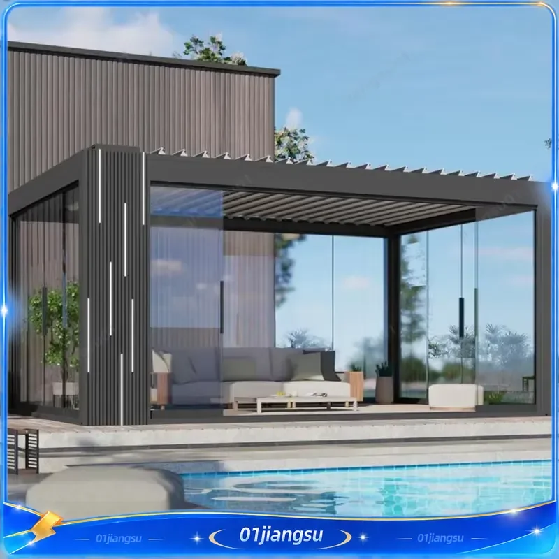 Motorized Aluminum Pergola Waterproof Powder Coated Luxury Garden Gazebo with LED Strip Lights Outdoor Patio Canopy Roof