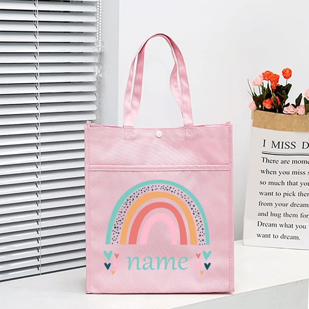 Bolsa de mano personalizada para biblioteca de niños, arcoíris con nombre, bolsas de libros de lectura para escuela, regalo de cumpleaños para niños