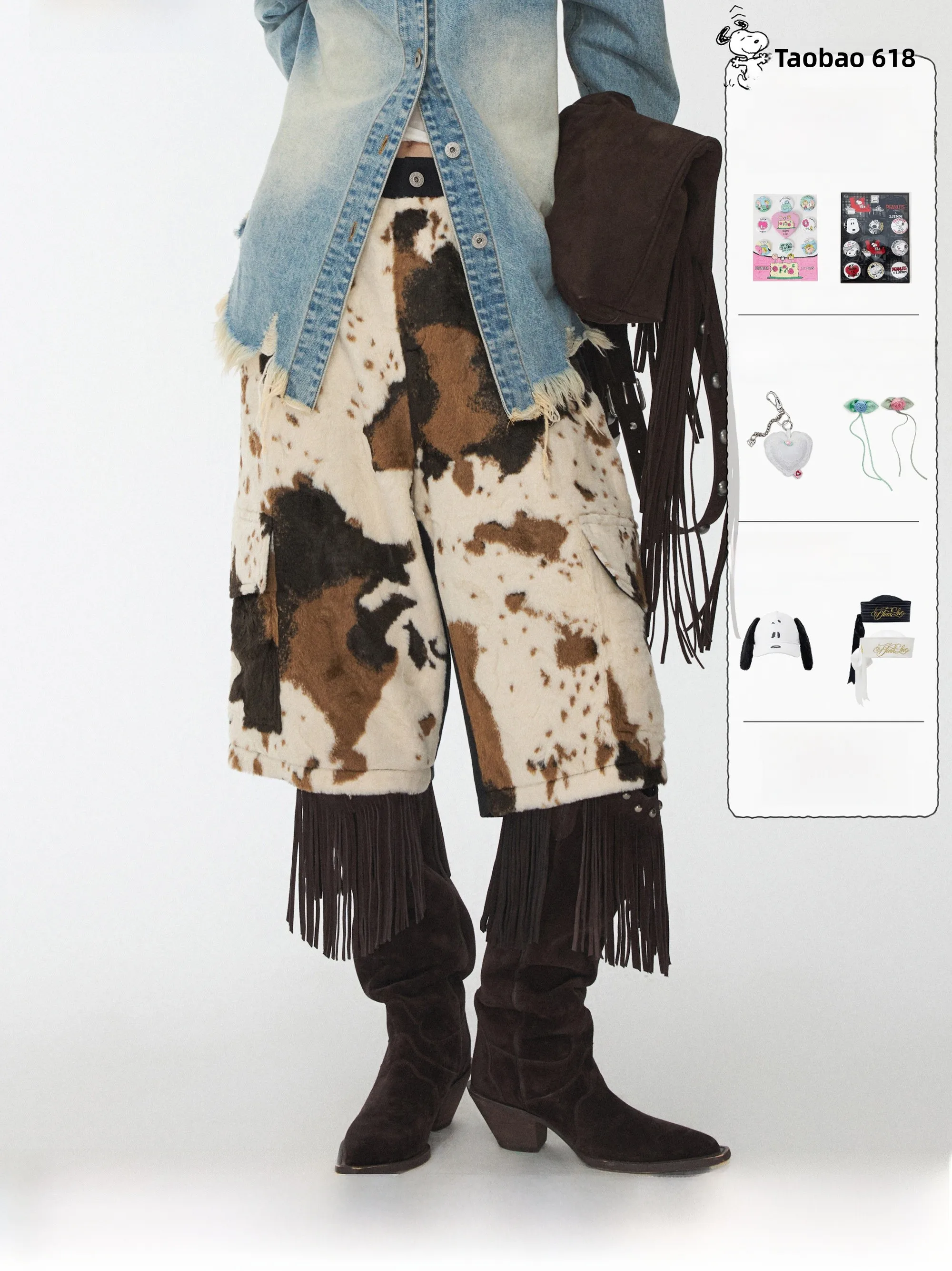 

Eco-Friendly Fur Patchwork Workwear Shorts Women's Loose Fit Casual Trousers Seven-Length Wide Leg Medium Pants