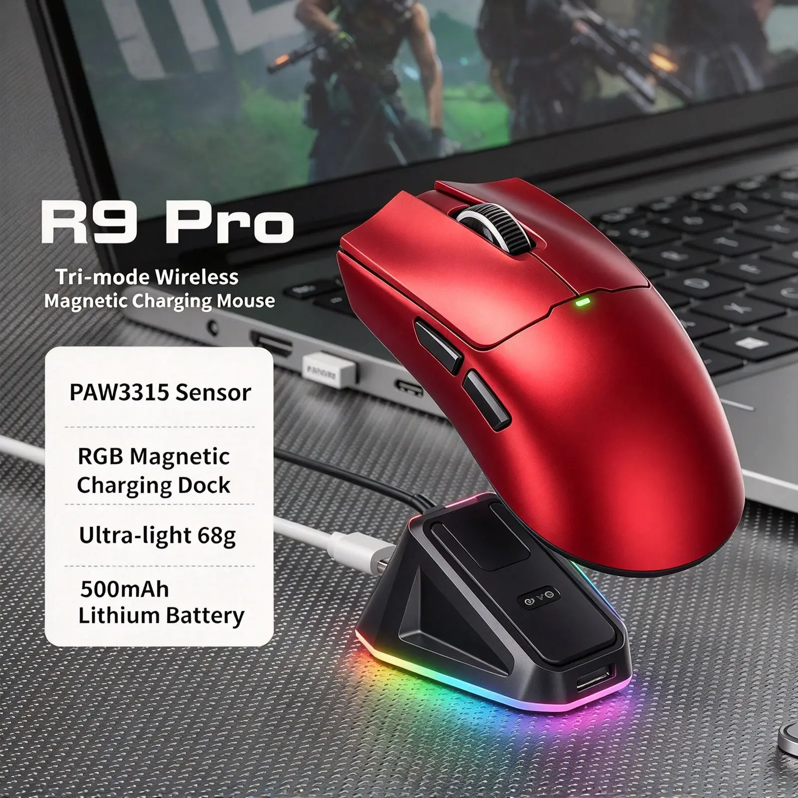 2.4G Wireless Gaming Mouse PAW3315 68g Lightweight 32000DPI Tri-Mode Macro Programming Magnetic Charging Dock Optical PC Mice