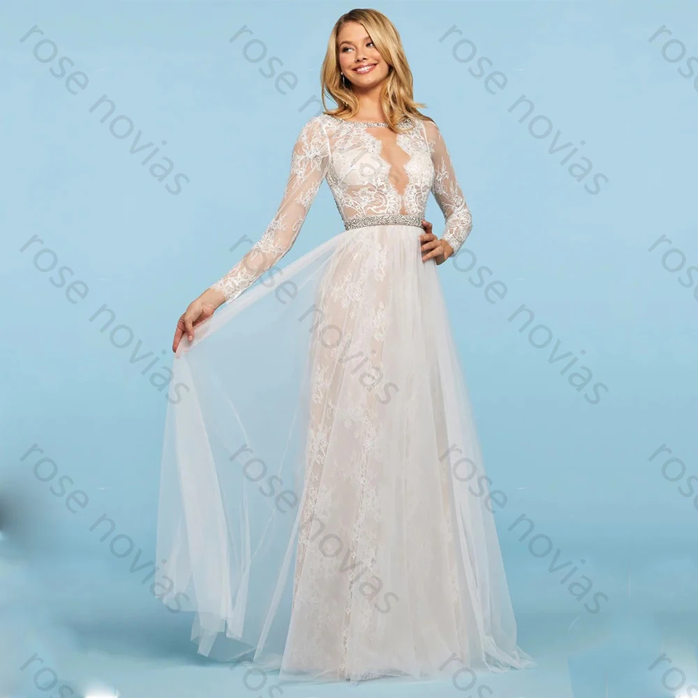 High Quality Elegant Weeding Dresses Sexy Tulle for Floor-Length O-Neck Backless Prom Lace Crystal Vestidos De Fiesta Customized