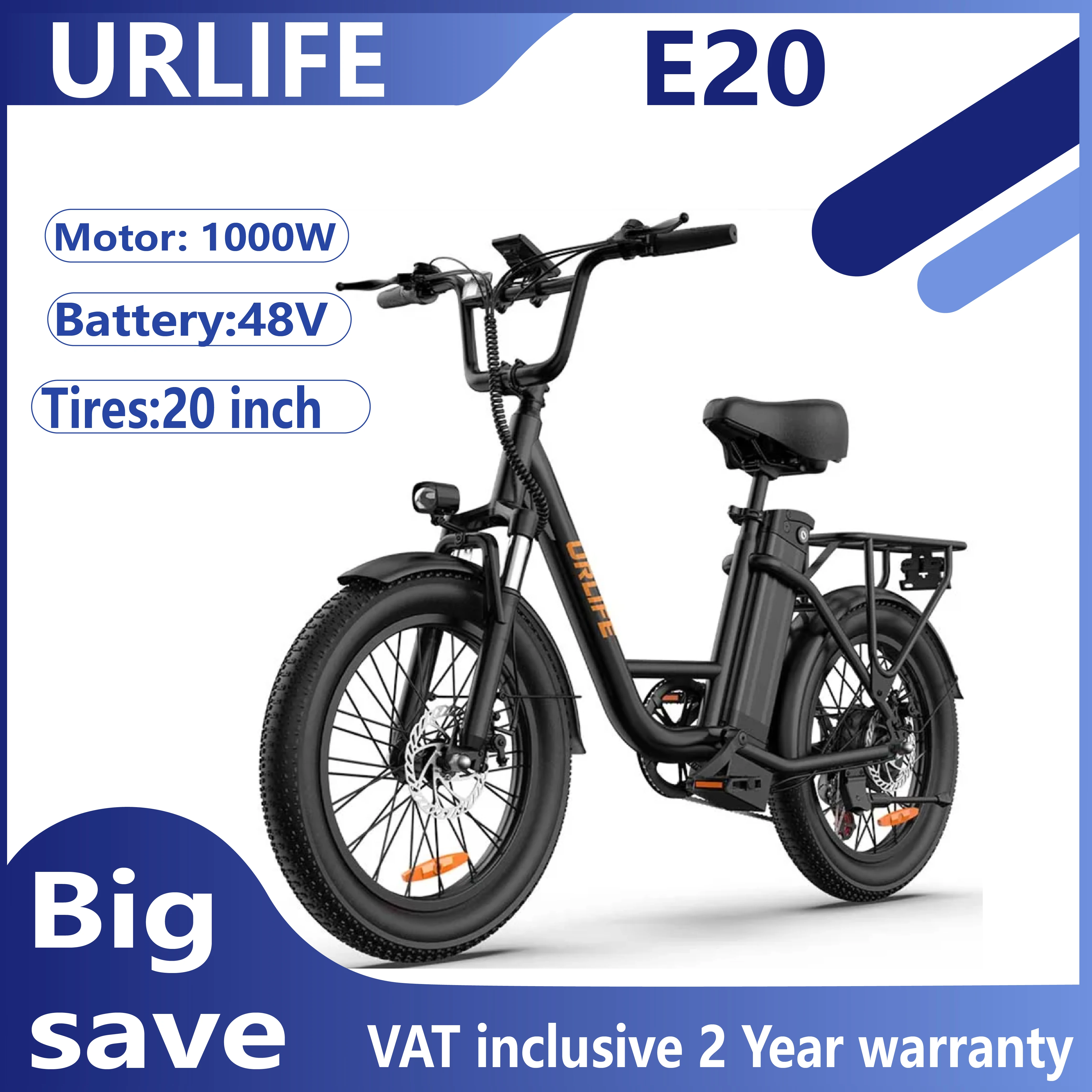 Vélo électrique tout-terrain URLIFE E20, moteur 250W, 48V 13AH, autonomie assistée de 50 miles, mode entièrement électrique de 40 miles, pneus de 20 pouces