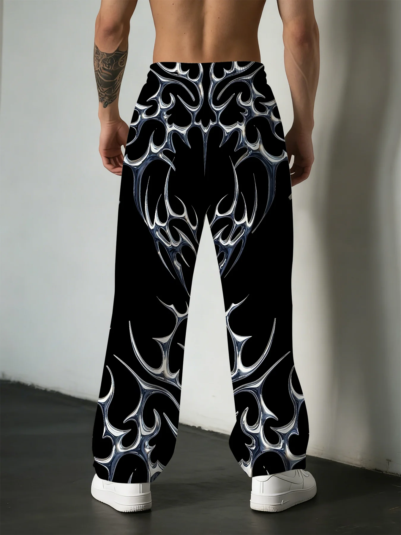 Neu eingetroffen: Gothic Tribal Skull Unisex Straight Leg Hose mit abstraktem Dornenmuster, dunkle Streetwear für Club, Alltag und Freizeit – Detail 6