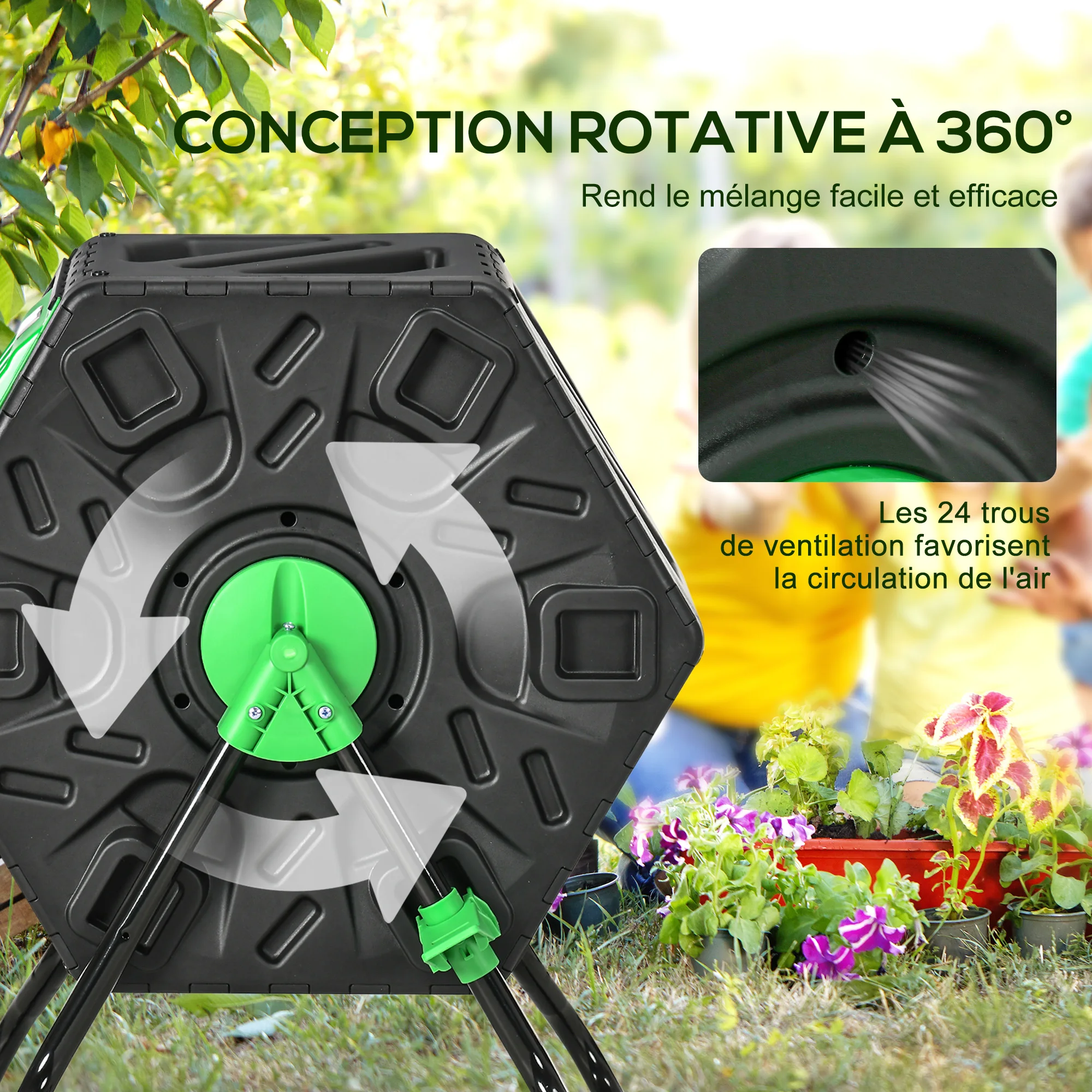 Outsunny Compostador de jardín, contenedor de compostaje giratorio 360° para jardín ° de polipropileno 65 L 24 orificios 60 x 49 x 77 cm negro